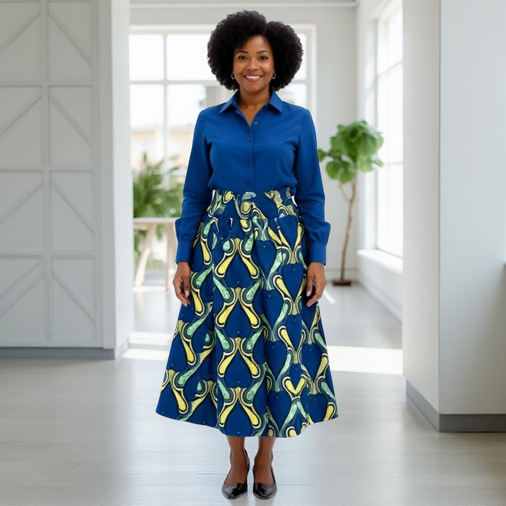 African Print Blue/Yellow Maxi Skirt