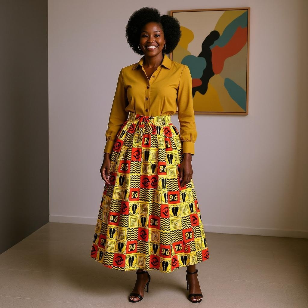 Authentic African Ankara Wax Tribal Print Skirt (Red/Gold)