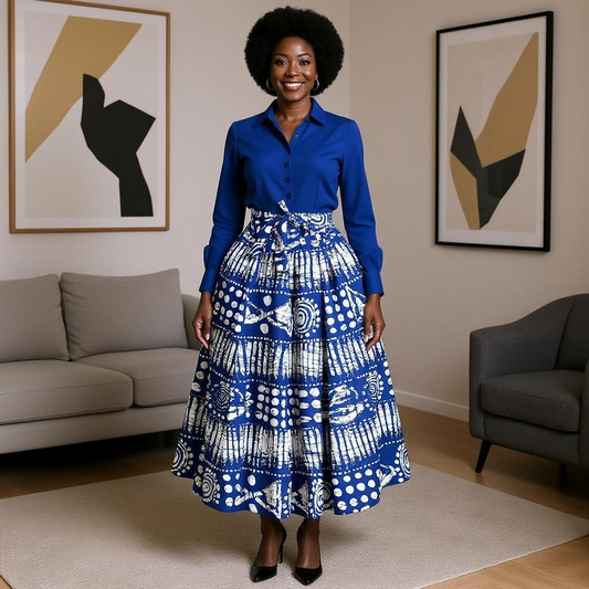 Authentic African Ankara Wax Print Skirt (Blue/White)