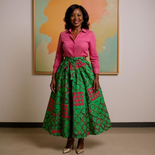 Authentic African Ankara Wax Print Skirt (Pink/Green)