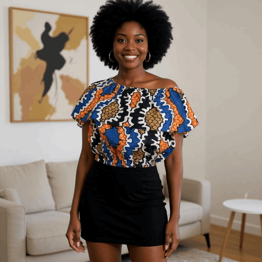 African Wax Zigley Print Shoulder Down Crop Top