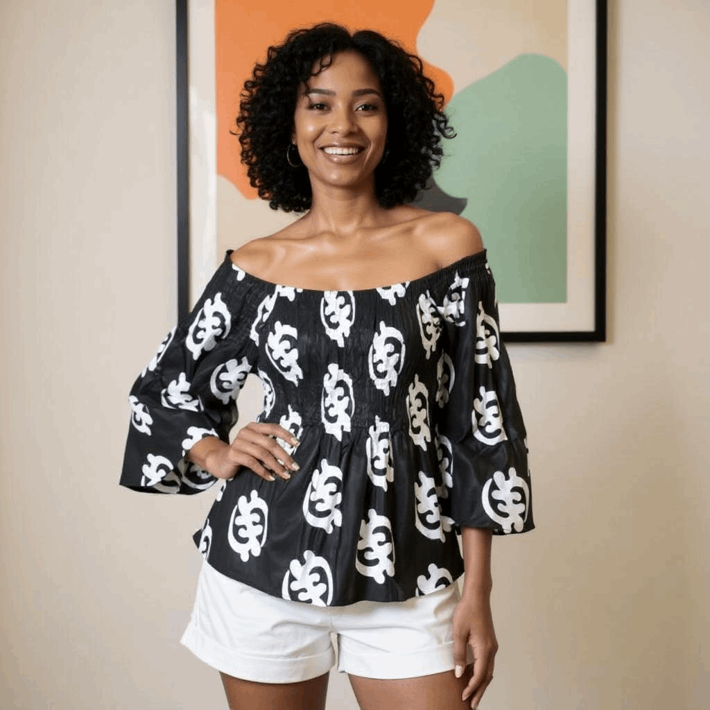 African Gye Nyame Print Off Shoulder Smocked Peplum Blouse