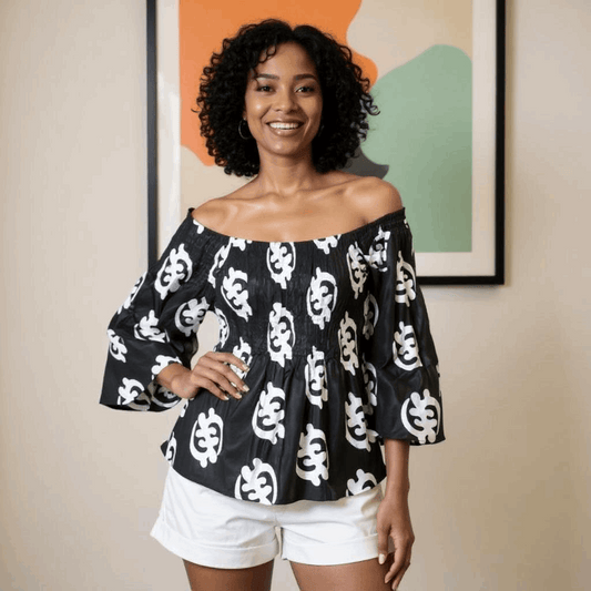 African Gye Nyame Print Off Shoulder Smocked Peplum Blouse