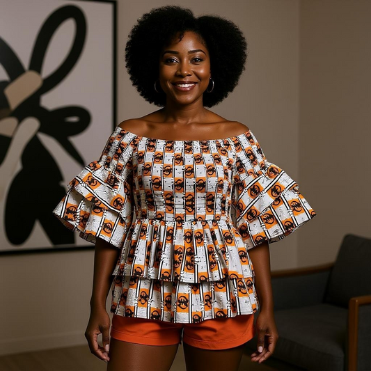 Ankara Double Layer Gye Nyame Print Smoked Peplum Blouse