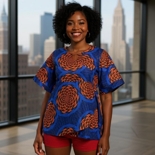 African Print Red/Blue Wrap Top