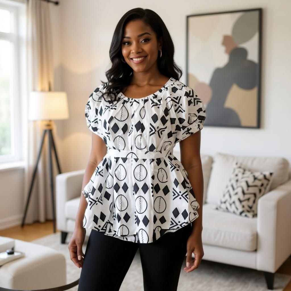 Women's African Print Frill Top Blouse with Belt