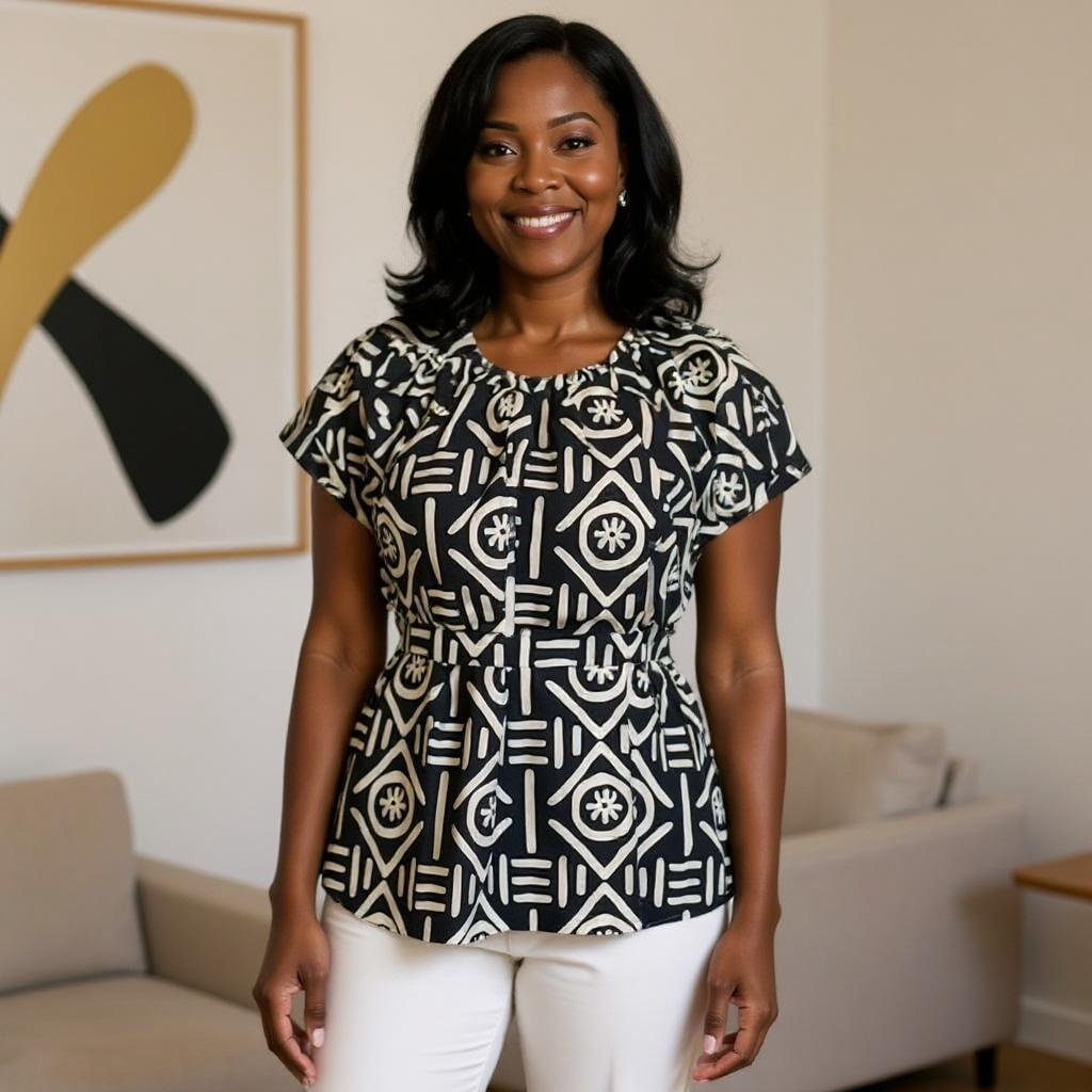 Women's African Print Frill Top Blouse with Belt
