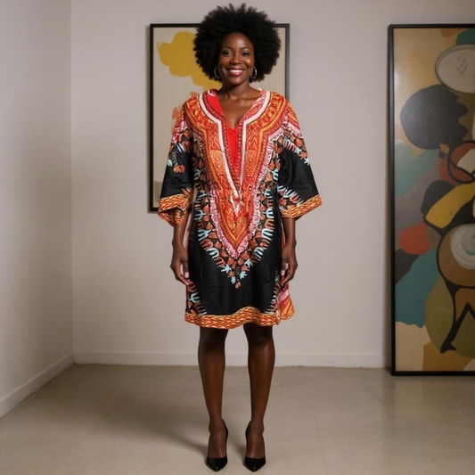 Traditional Black Dashiki Print Empire Waist Dress