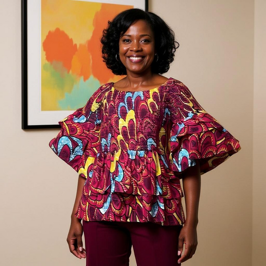 Ankara Double Layer Purple Print Smoked Peplum Blouse