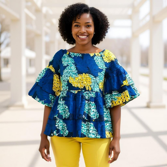 Ankara Double Layer Blue Floral Print Smoked Peplum Blouse