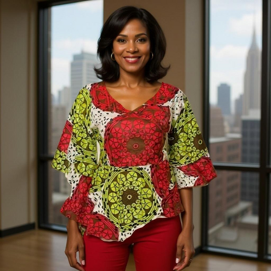 African Print Red/Yellow/White Wrap Top