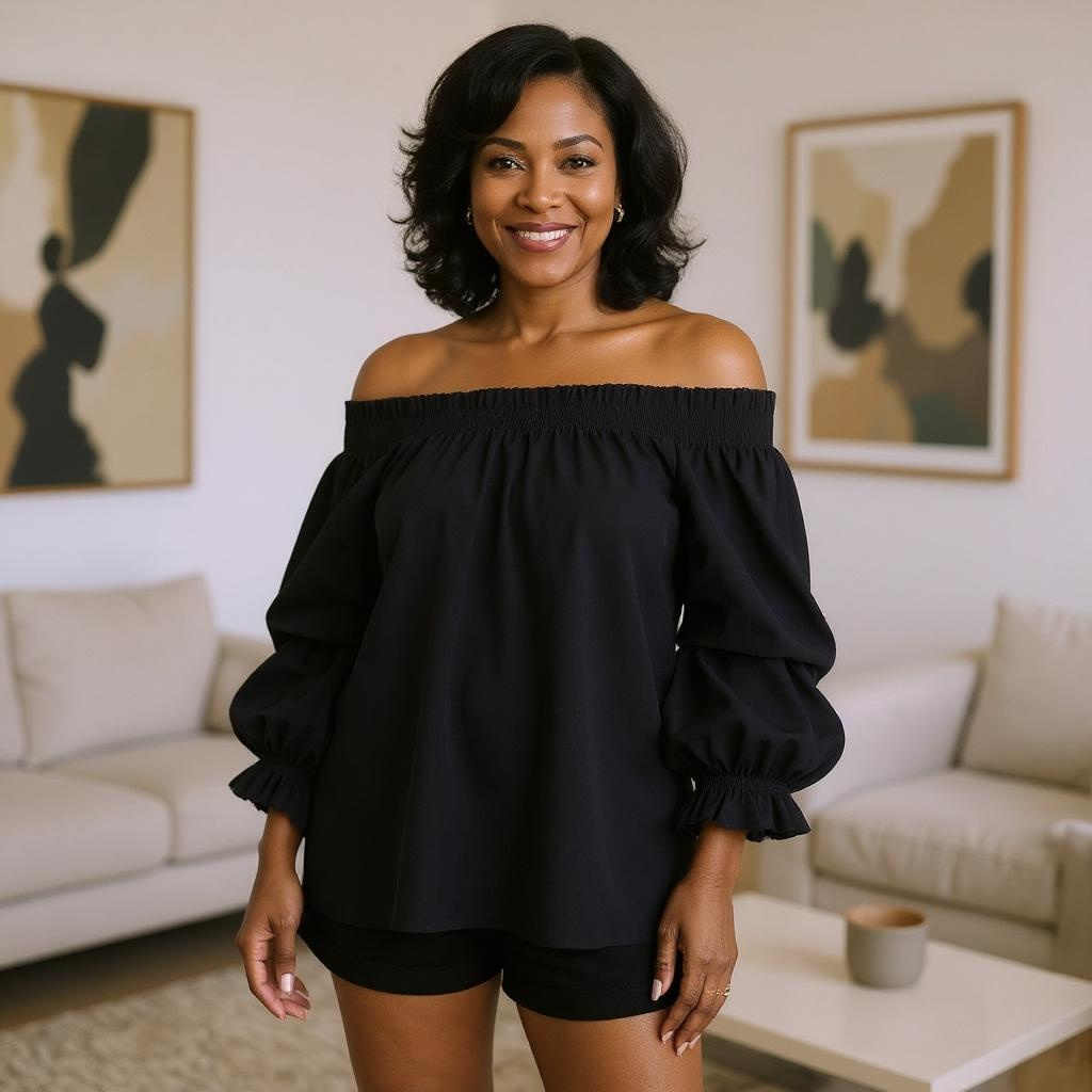 Women's Casual Black Off The Shoulder Ruffled Sleeve Blouse (Large)