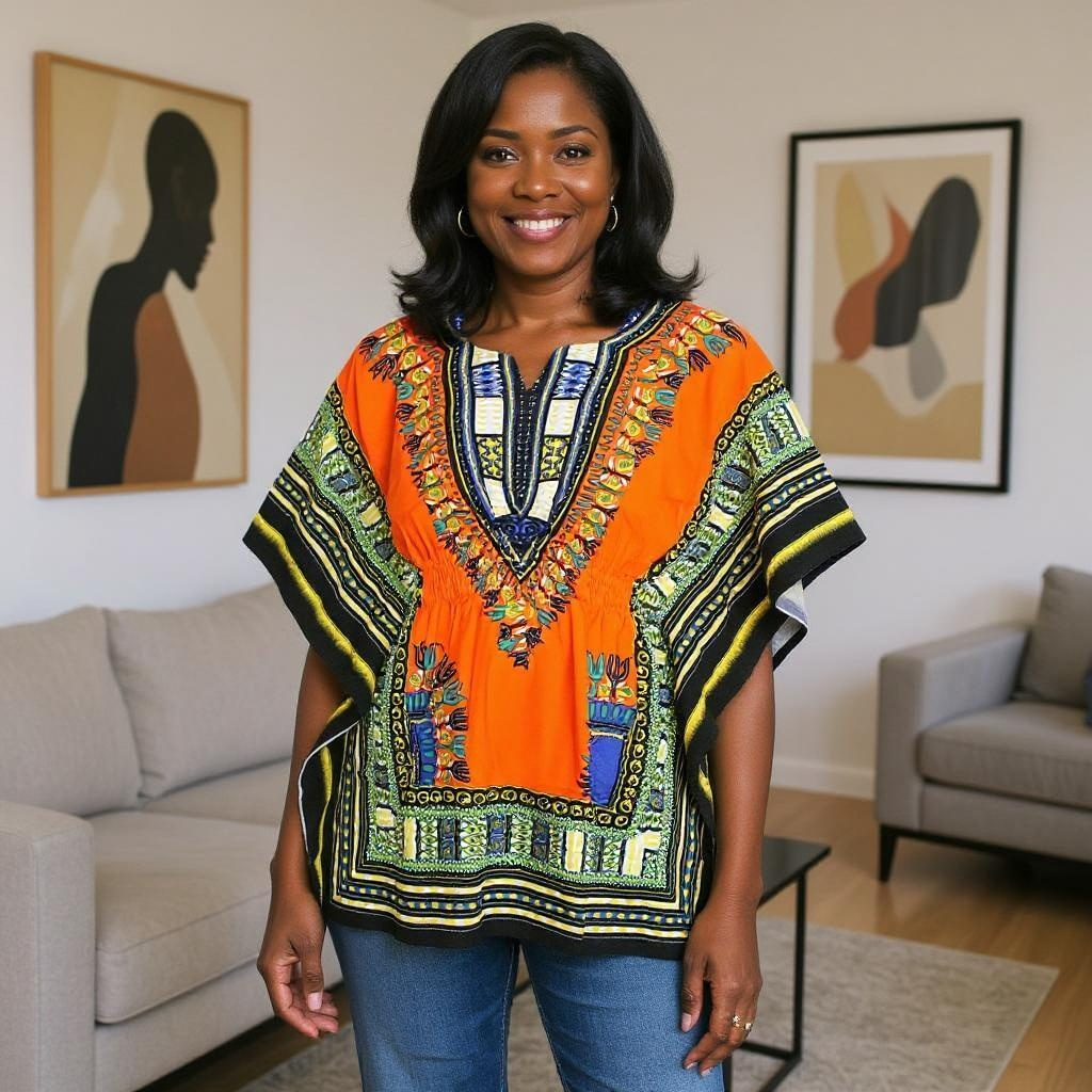 Women African Dashiki Shirt Dress w/ Elastic Waist Band (Free Size)