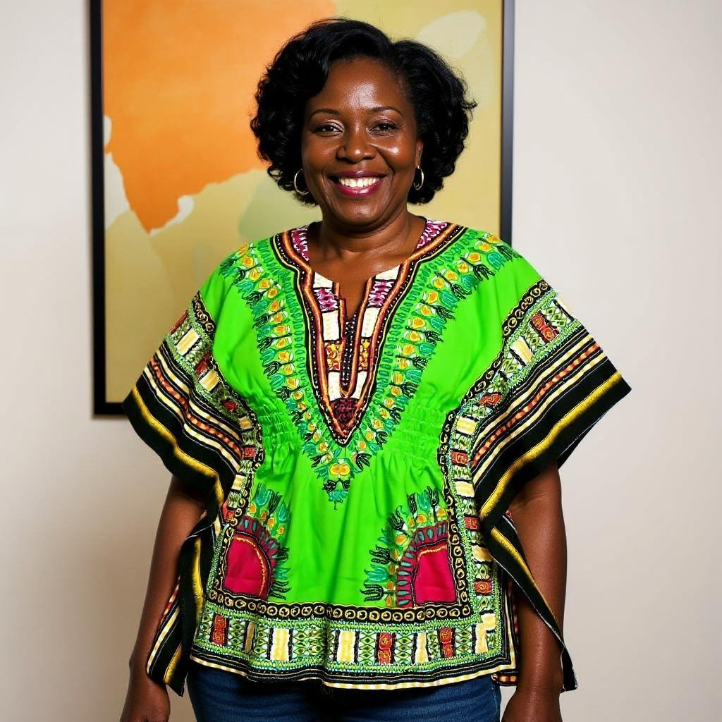 Women African Dashiki Shirt Dress w/ Elastic Waist Band (Free Size)