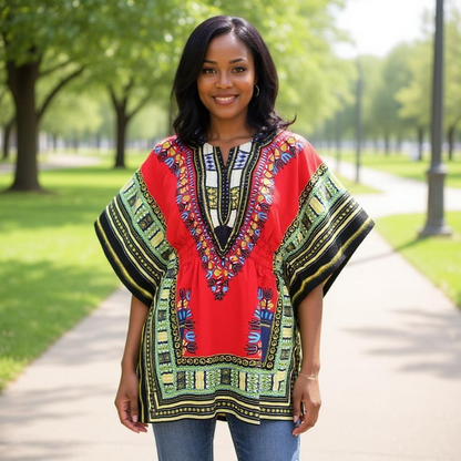 Women African Dashiki Shirt Dress w/ Elastic Waist Band (Free Size)