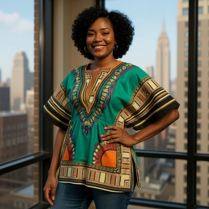 Women African Dashiki Shirt Dress w/ Elastic Waist Band (Free Size)