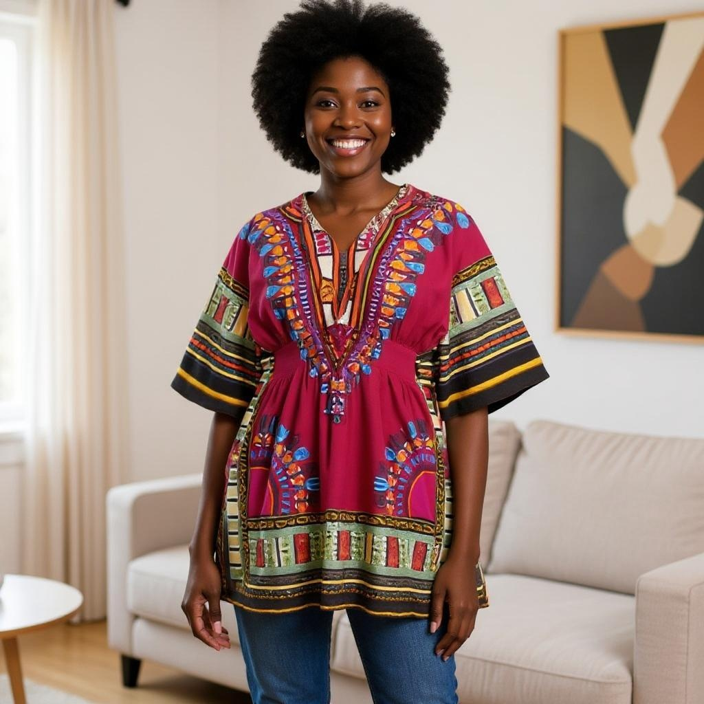 Women African Dashiki Shirt Dress w/ Elastic Waist Band (Free Size)