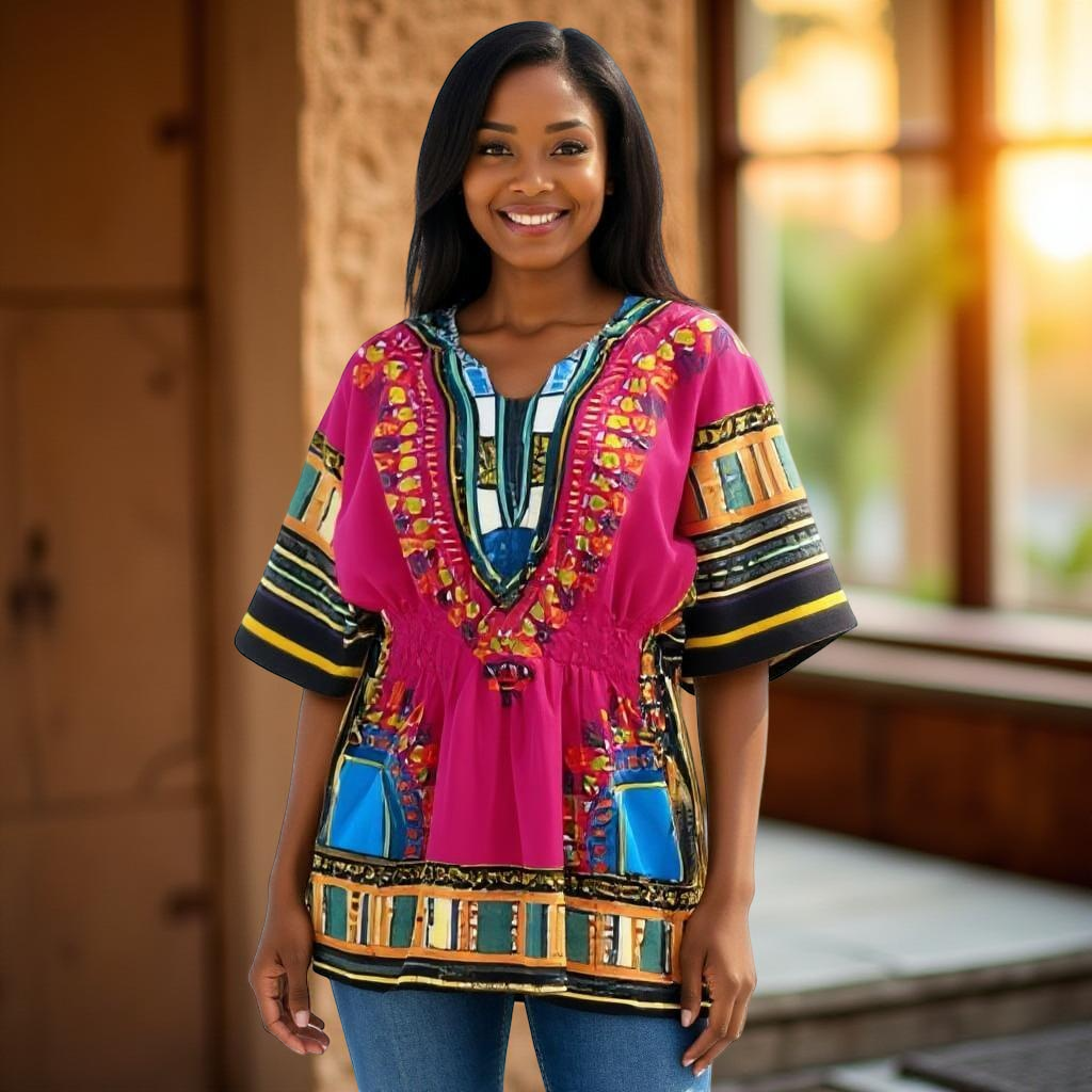 Women African Dashiki Shirt Dress w/ Elastic Waist Band (Free Size)