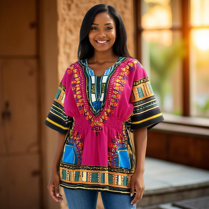 Women African Dashiki Shirt Dress w/ Elastic Waist Band (Free Size)