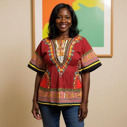 Women African Dashiki Shirt Dress w/ Elastic Waist Band (Free Size)