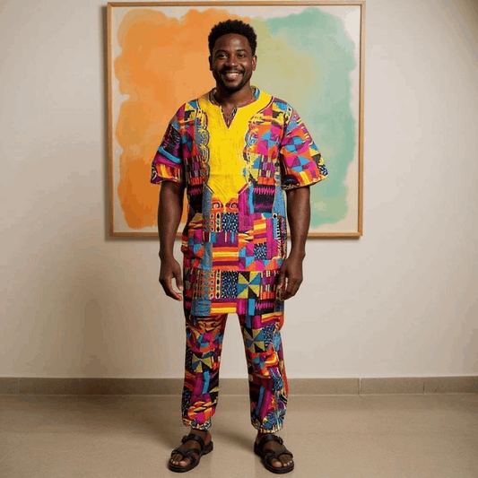 Men's African Burgundy Kente Print Pants Set