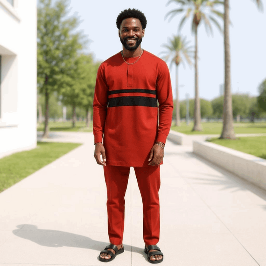 Men's Burgundy African Style Pants Set