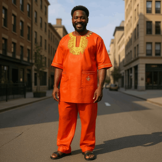 Men's Traditional African Outfit - Silky Red Embroidered Dashiki Set