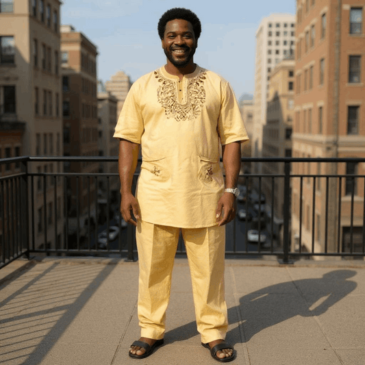 Men's Traditional African Outfit - Silky Goldish Tan Embroidered Dashiki Set
