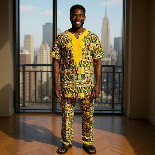 Men's African Multi-Color Kente Print Embroidered Pants Set