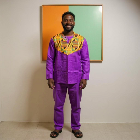 Men's African Purple Kente Print Dashiki Pants Set