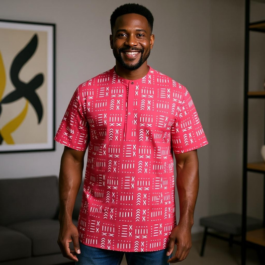African Men's Red-White Mud Style Dashiki Shirt