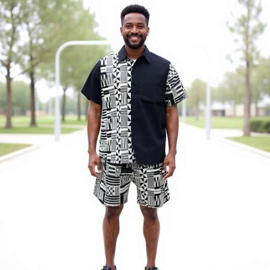 Men's White/Black African Print Shorts Set