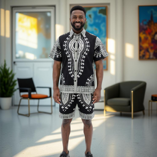 Men's Black/White African Traditional Dashiki Print Shorts Set