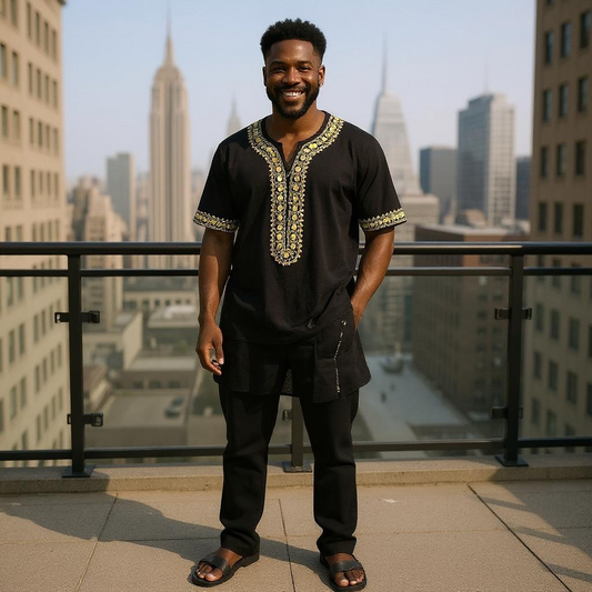 Men's 3pc African Black/Gold Embroidered Pants Set (Medium)