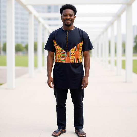 Men's African Trim Black/Orange Kente Top, Pants & Hat Set (XL)