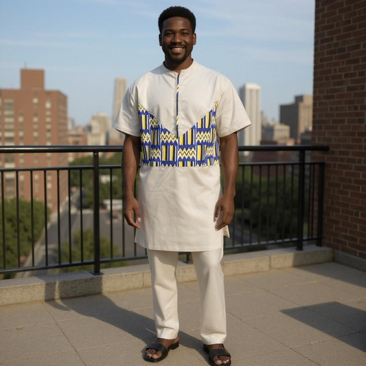 Men's African Trim Mustard/Blue Top, Pants & Hat Set (MEDIUM)