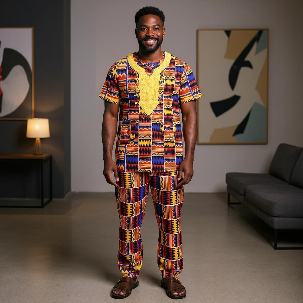 African Men Red/Blue Kente Embroidered Men Pant Set (Medium)