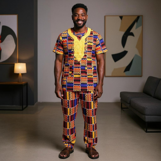African Men Red/Blue Kente Embroidered Men Pant Set (Medium)