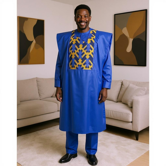 Men's African Royal Blue 3pc Grand Boubou Suit