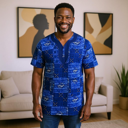 Men's African Print Embroidered Dashiki Shirt (Blue)