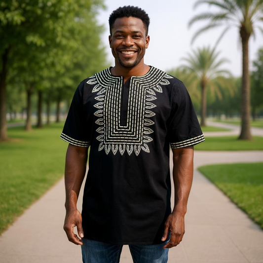 Men's T'Challa Black African Print Embroidered Dashiki Shirt