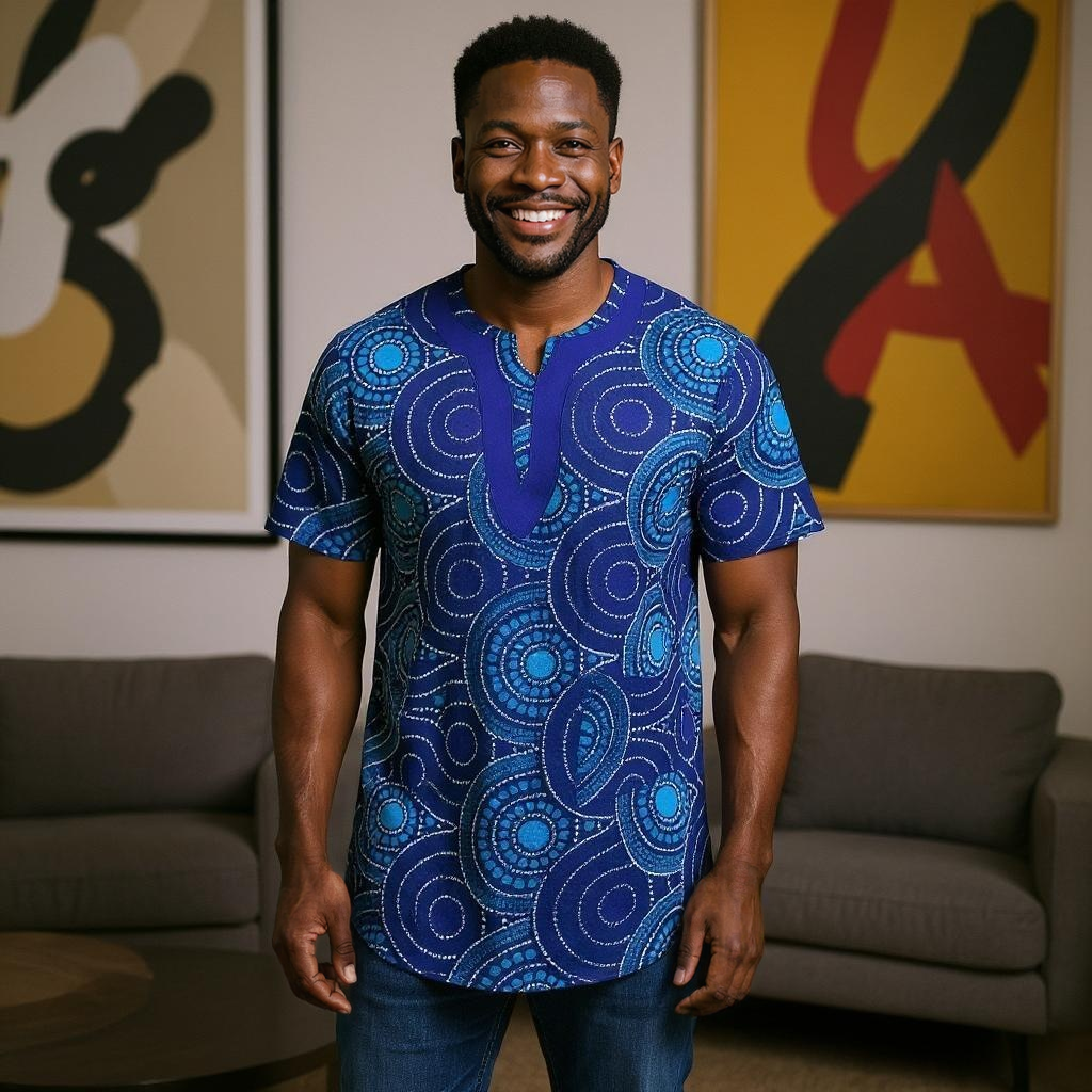Men's Blue/Turquoise African Print Embroidered Dashiki Shirt