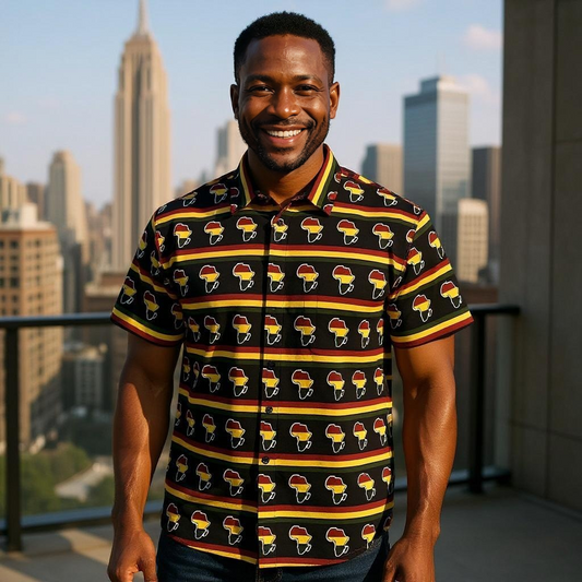 Men's Black Africa Map Print Dashiki Shirt (XL)