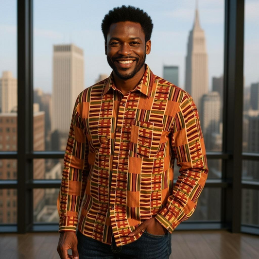 Men's Long Sleeve Kente Style1 Dashiki Shirt (Large)