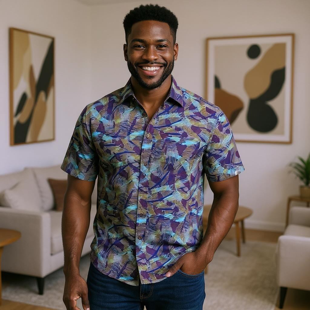 Men's Purple/Blue Print Short Sleeve Button Down Shirt (3X)