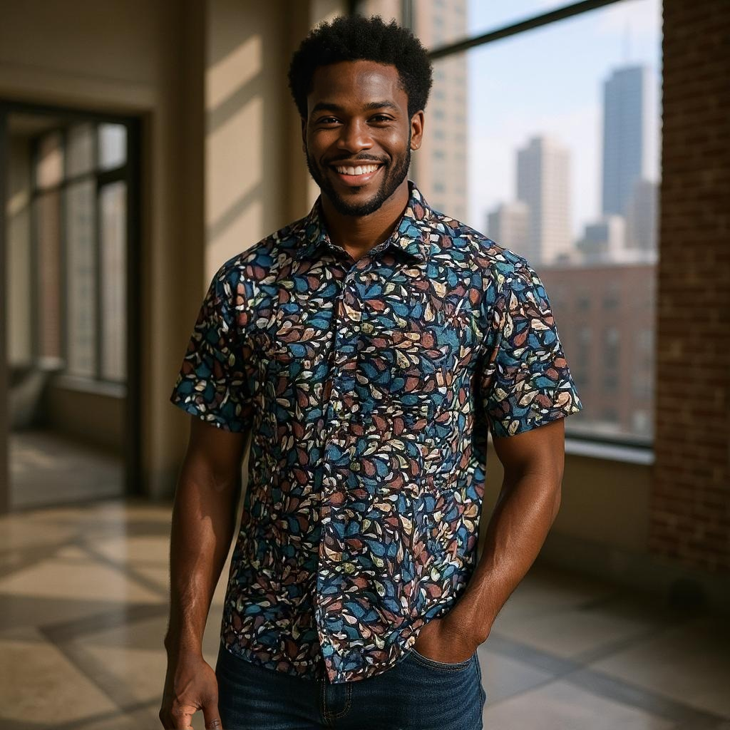 Men's Orange/Blue/Navy Tear Drop Print Short Sleeve Button Down Shirt (3XL)