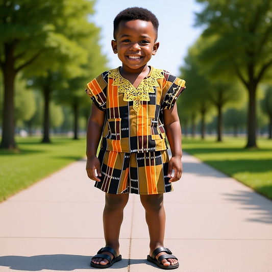 Boys Ankara Kente Style3 Print Dashiki Shorts Set