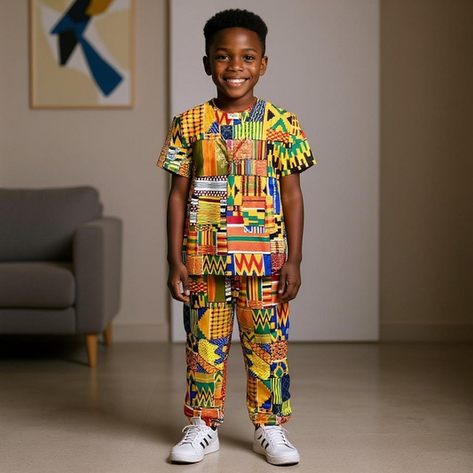 Boys Kente Patch Print Children Pants Set