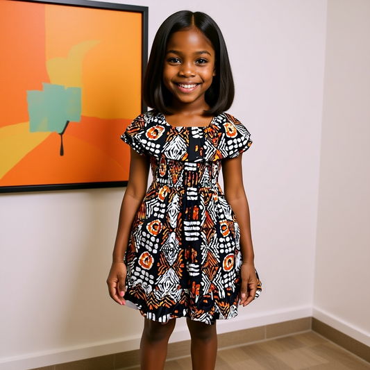 Girls Print Smoked Dress With Matching Hair Band
