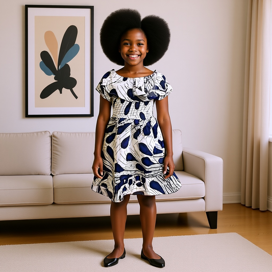 Girls Peacock Print  Smoked Dress With Matching Hair Band (4T)